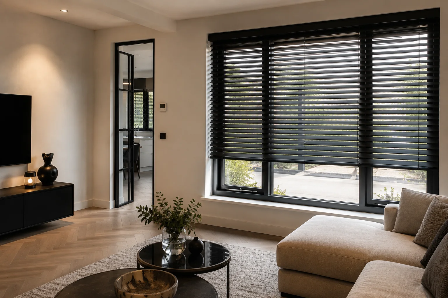 Zwarte elektrische houten jaloezieën in een moderne woonkamer